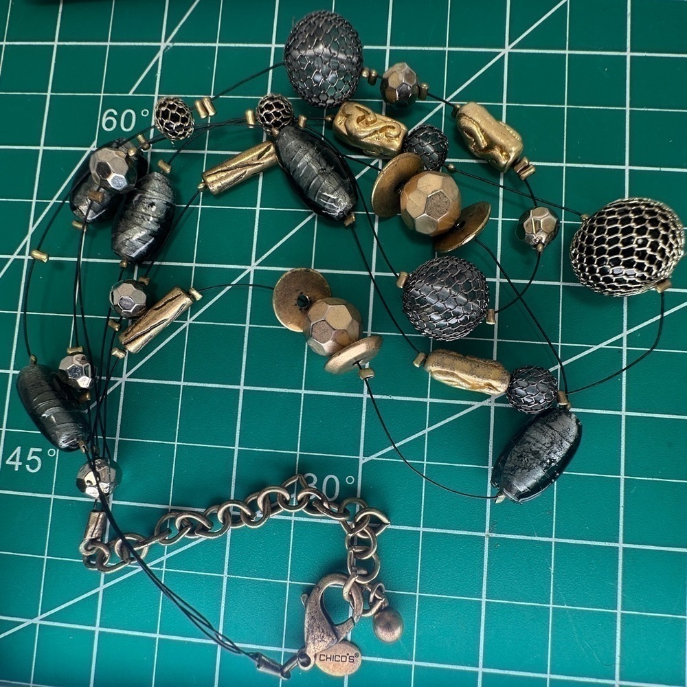 Chico’s Brass, Gunmetal, Clear Bead Necklace